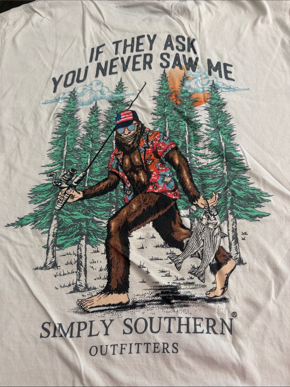 Simply Southern White Graphic Tee with Multicolor Bigfoot Fishing Print